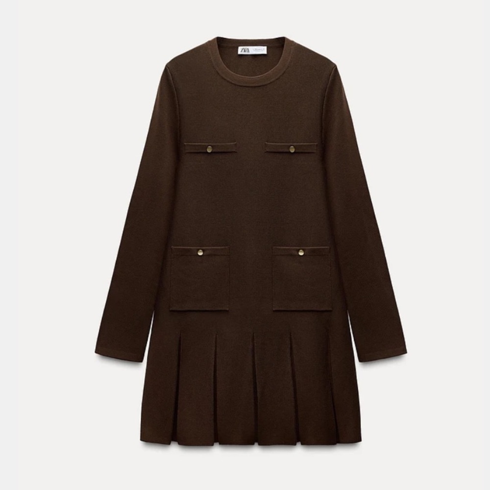 ZARA Brown Pleated Short Knit Dress - Picture 5 of 7